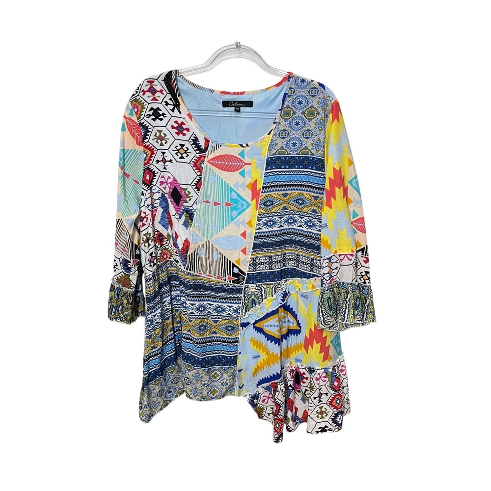 Caleesa Patchwork Blouse Womens 3X Multicolor Boho Tribal Ruffle Asymmetric Hem